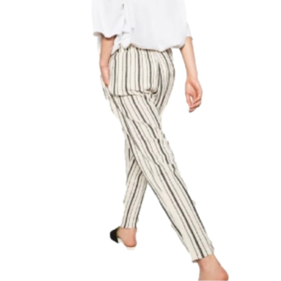 Zara TRF Womens Cotton Pants Cream Black Striped High Waisted Trousers Sz S New - Picture 1 of 17